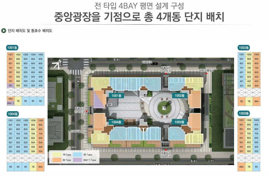 송도 월드메르디앙 단지 배치도 - 4개동 남향 배치