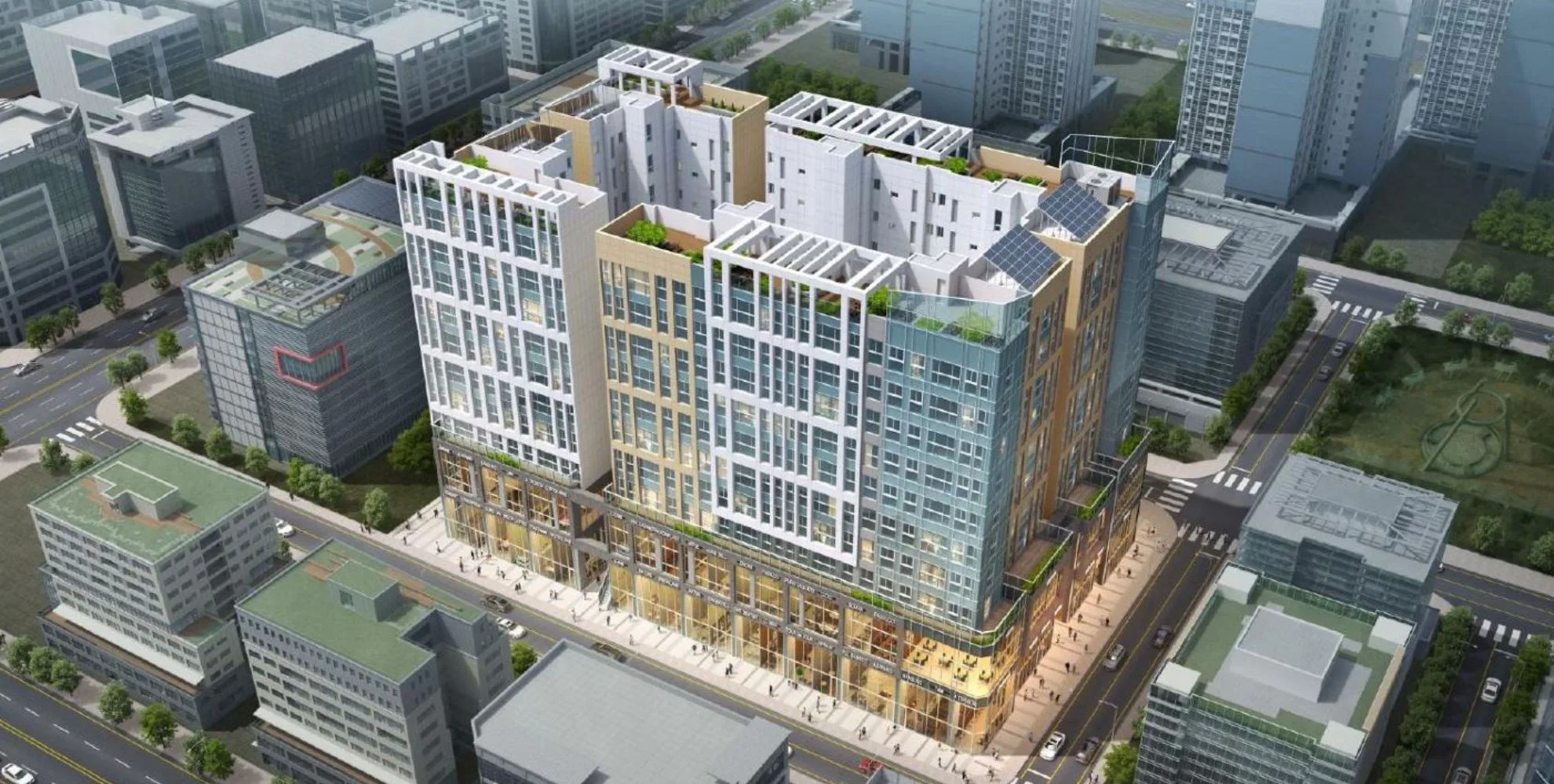 송도 월드메르디앙 단지 조감도 - 4개동 128세대 남향 배치